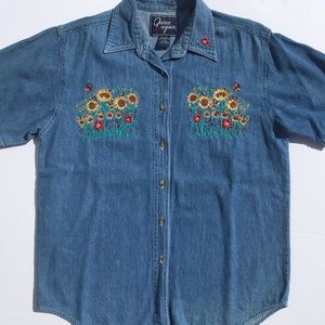Vintage Denim Button Short Sleeve w/ Embroidery